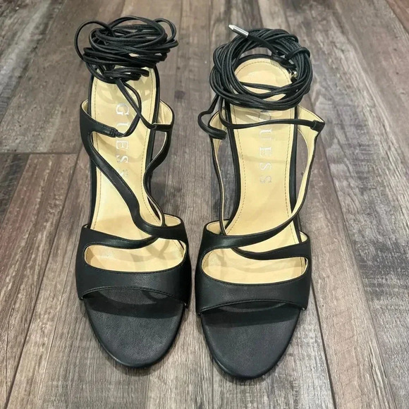 New GUESS Metallic Black Niko High Heel Lace up Wrap Gladiator Sandals 10M Party - Picture 2 of 7